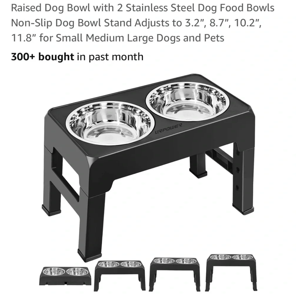 Adjustable dog stand with dog bowls, new in the box